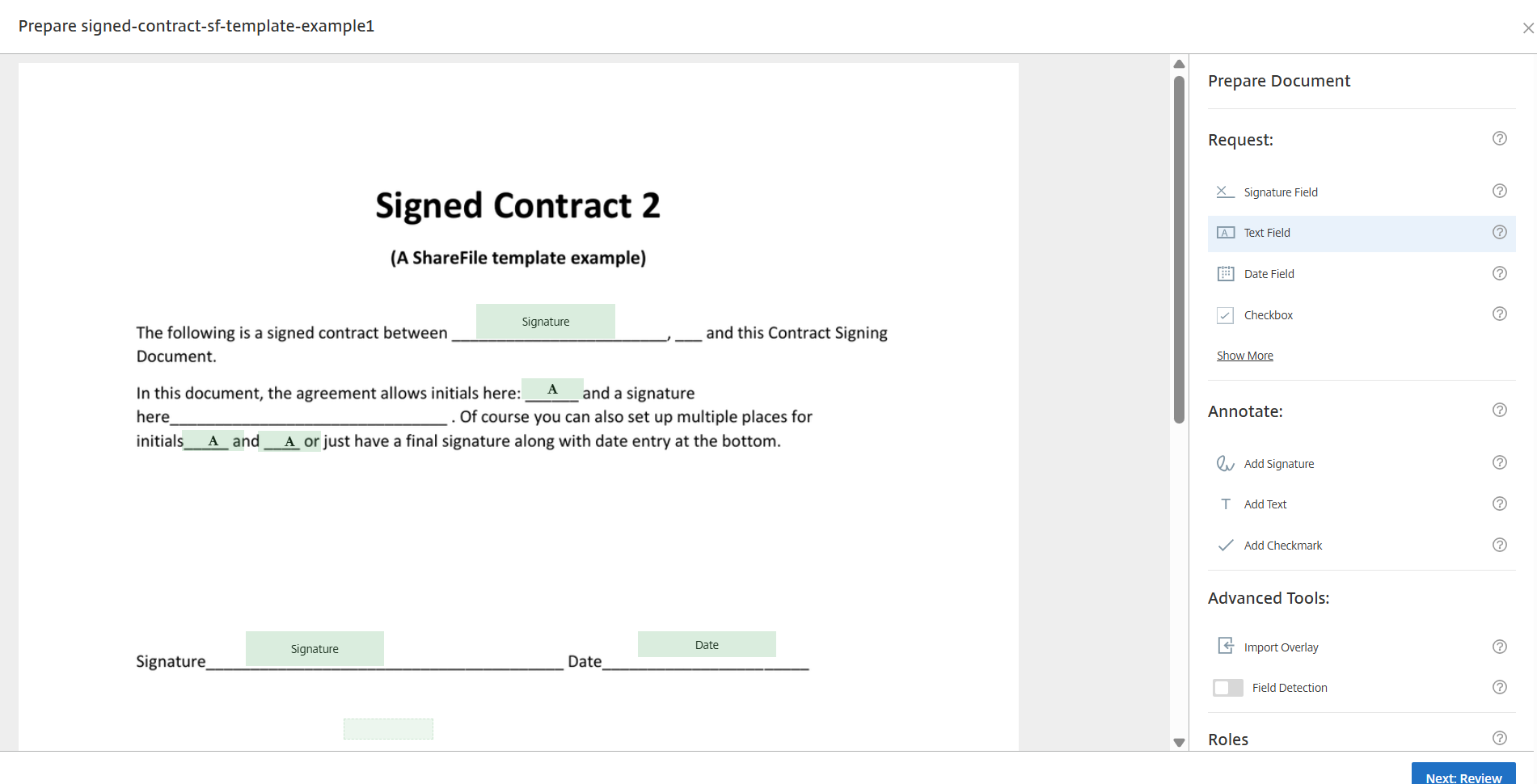 Set up fields for signing