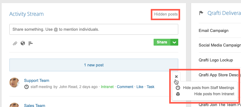 Hiding activity stream content