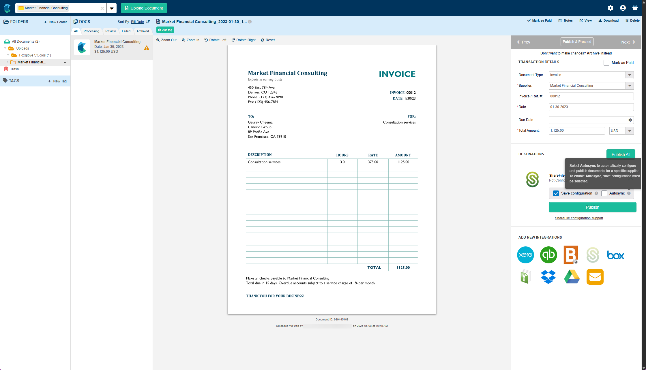 Hubdoc publish panel showing Save configuration, Autosync checkbox, and Publish button