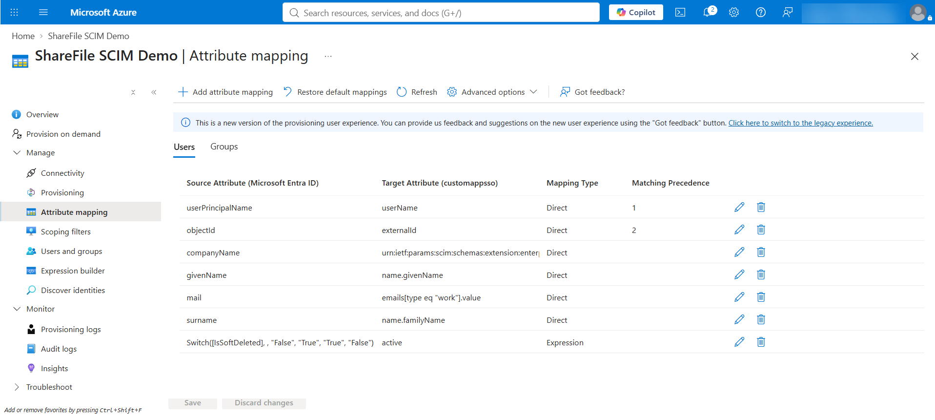 User attribute mappings