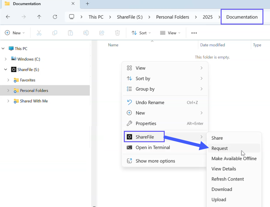 Open file in ShareFile for Windows screen