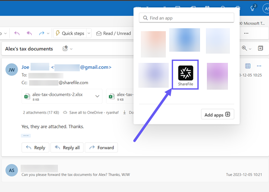 Outlook ribbon with ShareFile