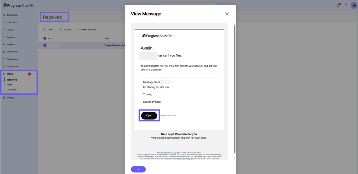 Received file notification in the ShareFile Inbox