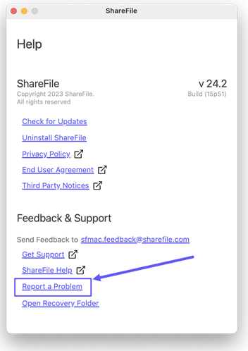 Log file in ShareFile for mac help screen