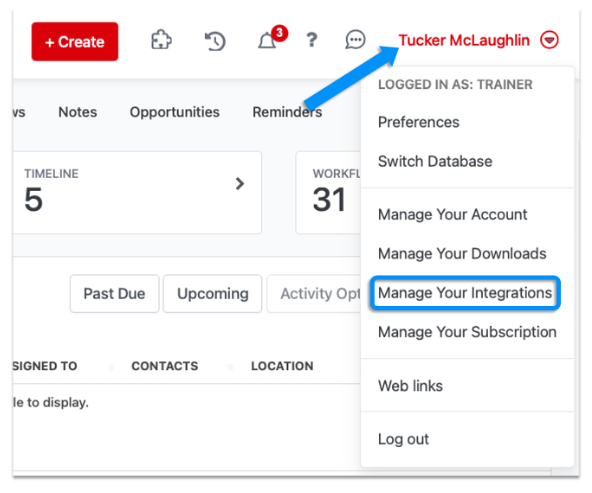 Redtail CRM profile dropdown with Manage Your Integrations highlighted
