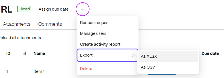 Three-dot context menu showing the Export option with As XLSX and As CSV submenu items