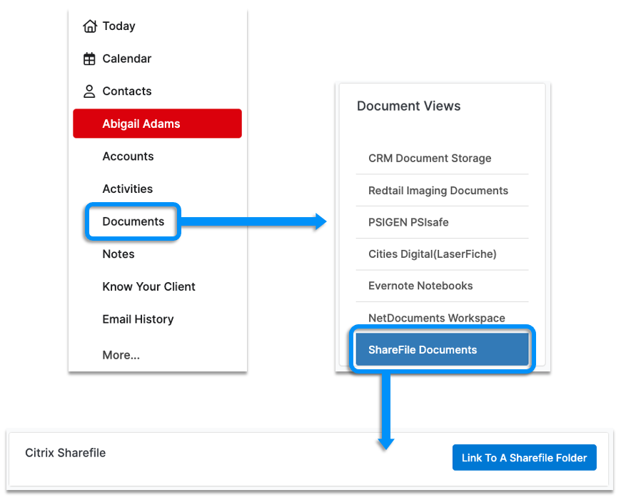 Contact record Documents view with ShareFile Documents highlighted and Link to a ShareFile Folder button