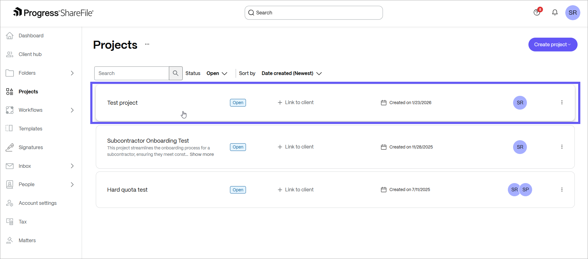 Web interface – Projects
