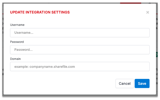 Update Integration Settings dialog with Username, Password, and Domain fields