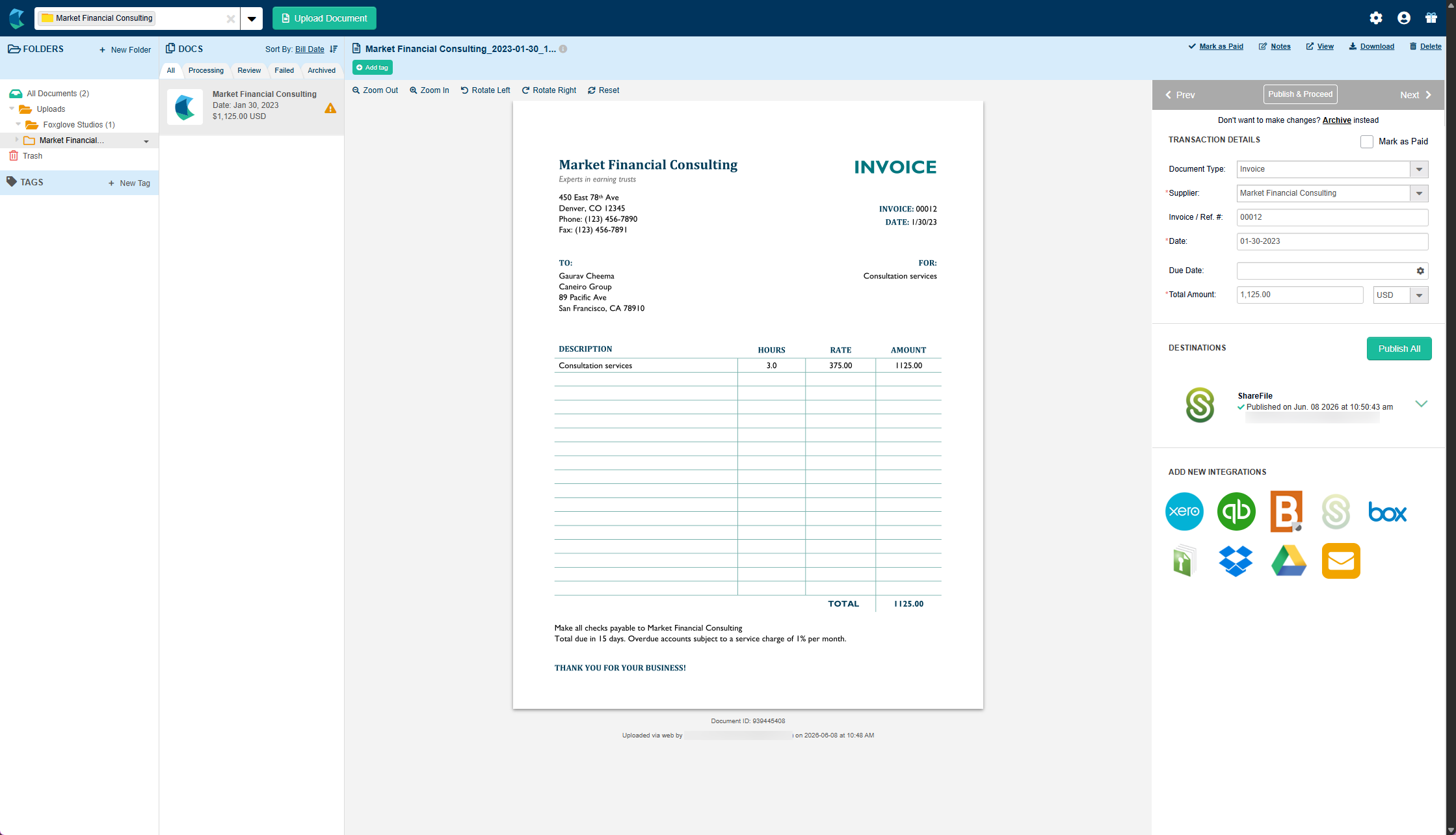 Hubdoc document showing ShareFile destination status as Published with timestamp and account details