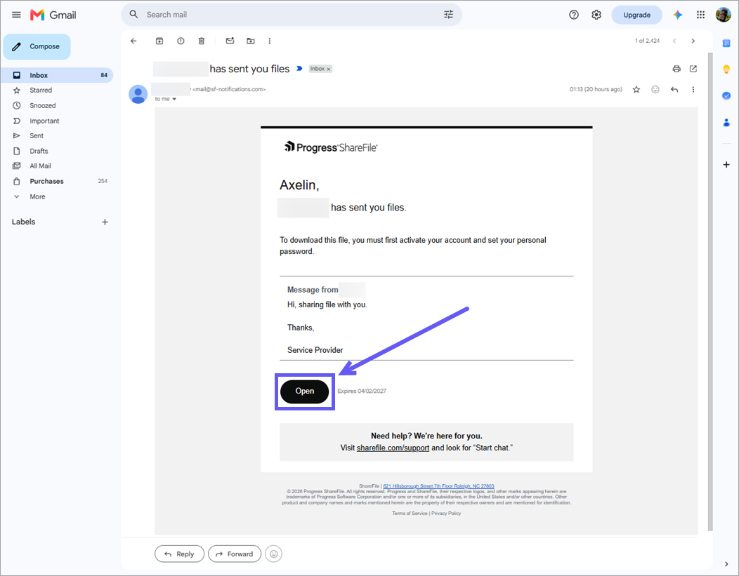 Open button in a ShareFile email