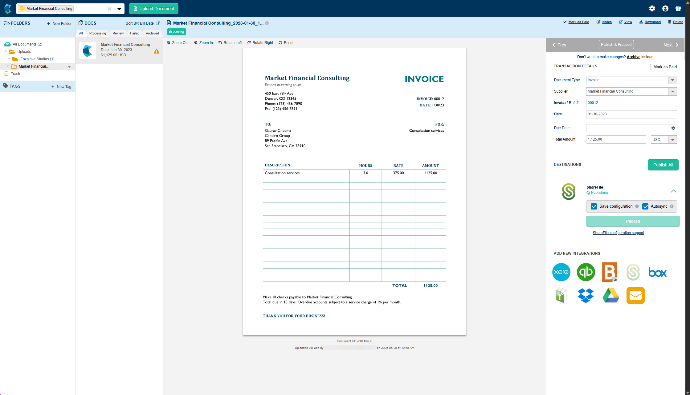 Hubdoc document showing ShareFile destination status as Publishing
