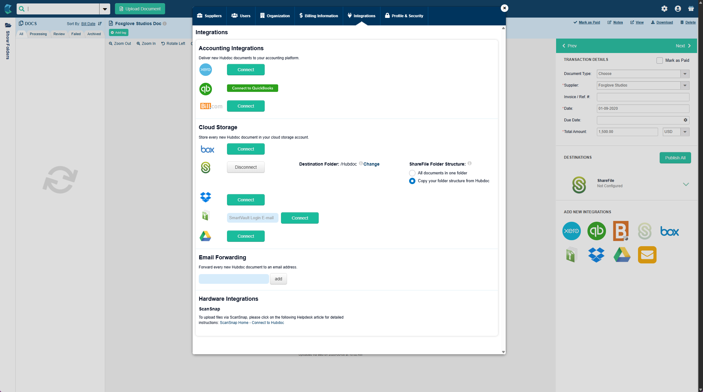 Hubdoc Integrations settings in the connected state, showing destination folder and folder structure options for ShareFile