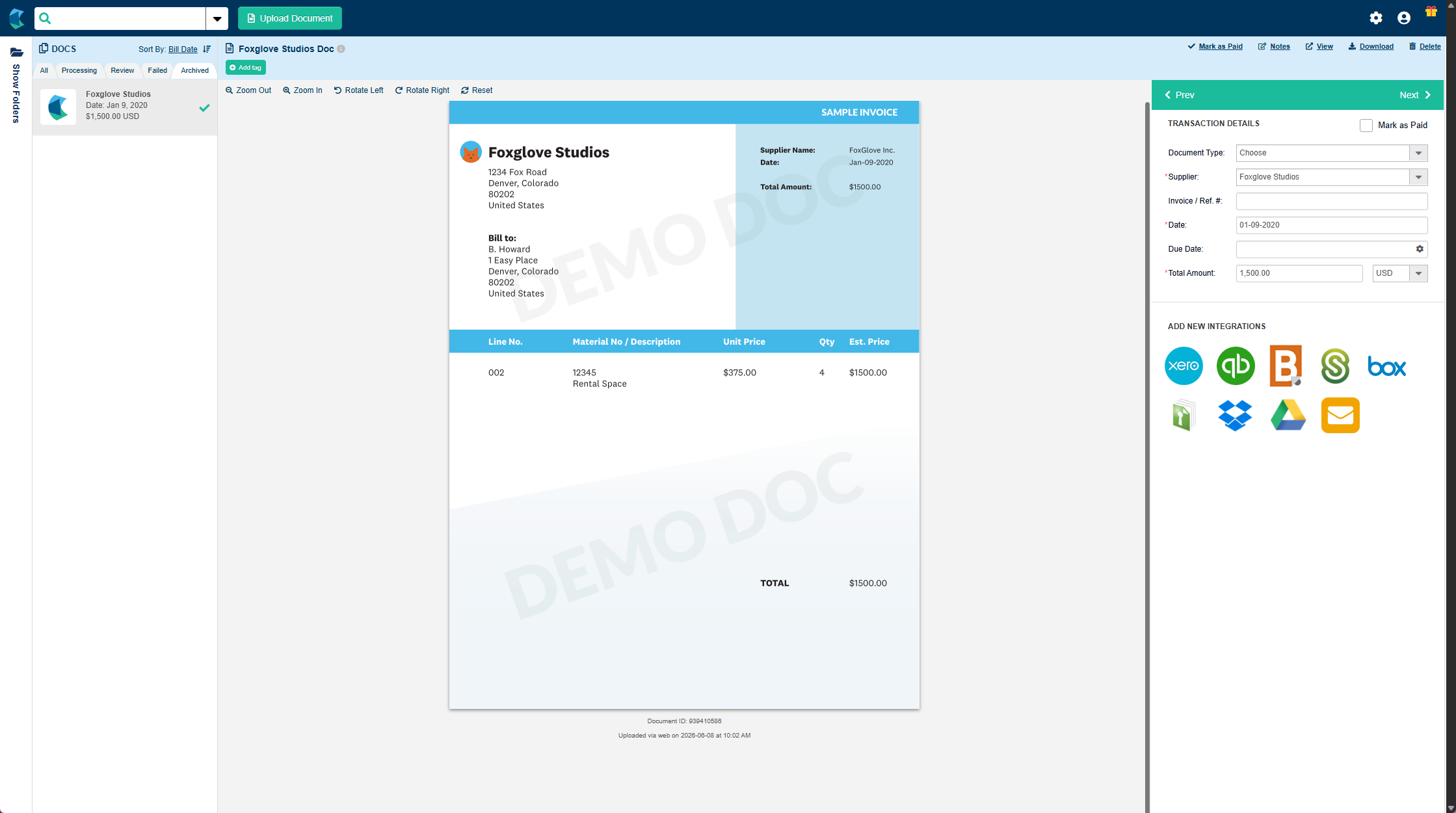 Hubdoc document view showing the Destinations panel on the right with ShareFile listed as a publishing option