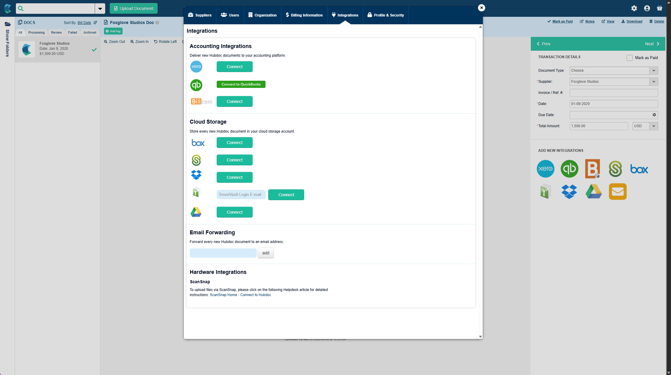 Hubdoc Integrations settings showing the Cloud Storage section with a Connect option next to ShareFile