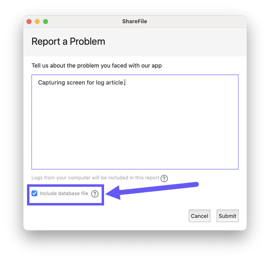 Log file in ShareFile for mac screen