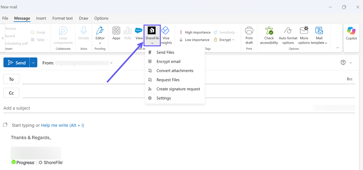 ShareFile section on the Message ribbon in an Outlook email