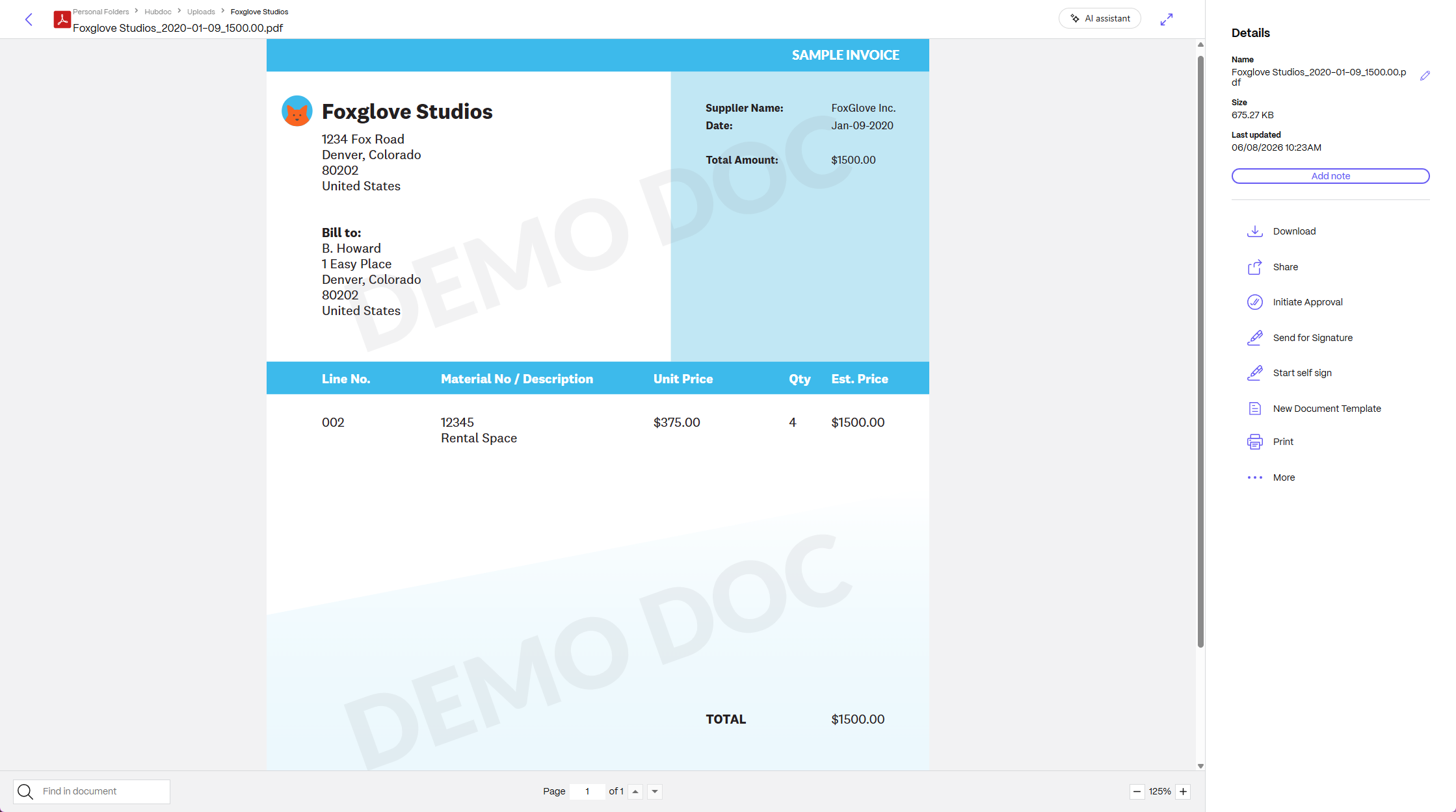 ShareFile document detail view showing file name, size, and last modified timestamp