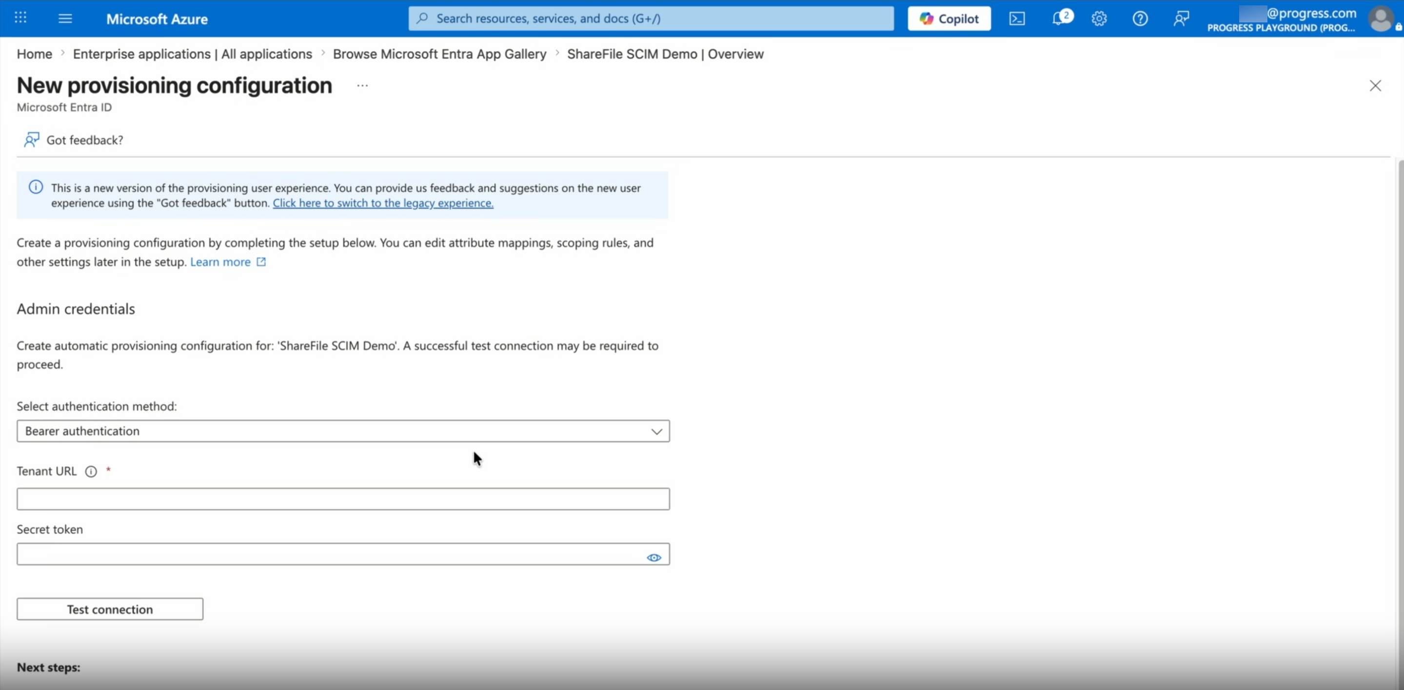 New provisioning configuration with admin credentials