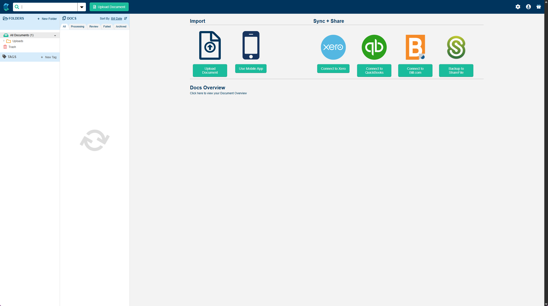 Hubdoc dashboard showing the Sync and Share section with Backup to ShareFile option