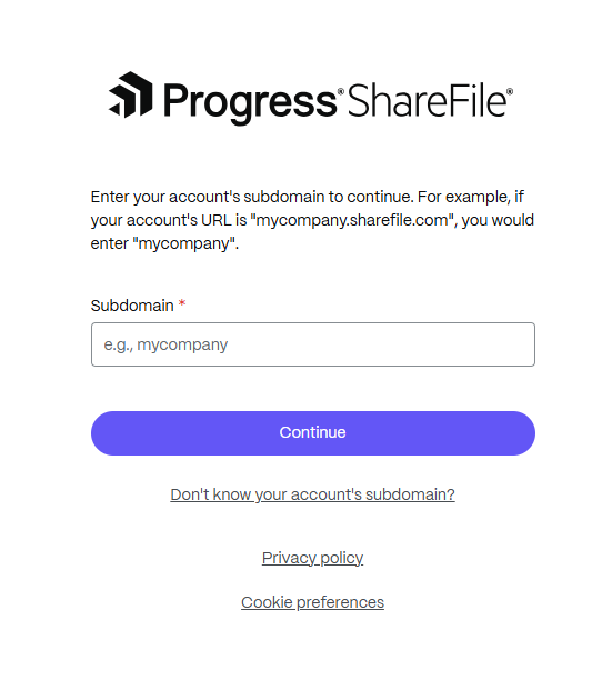 ShareFile login screen prompting for the account subdomain