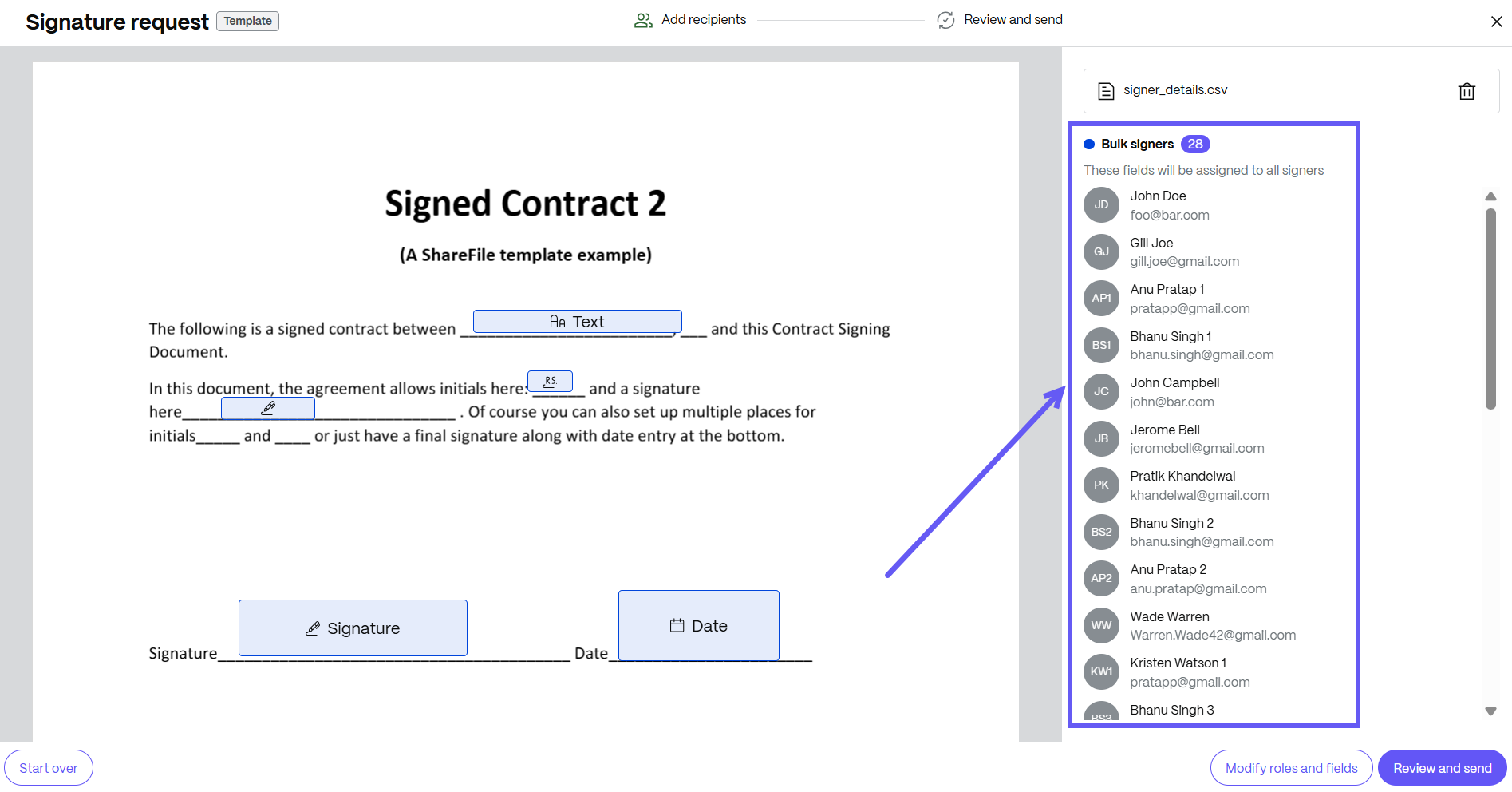 Bulk sends for signature