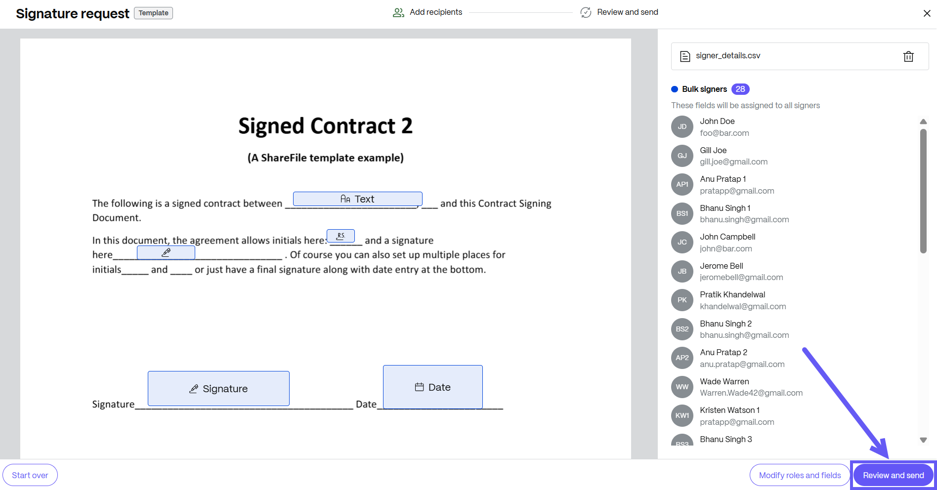 Bulk sends for signature