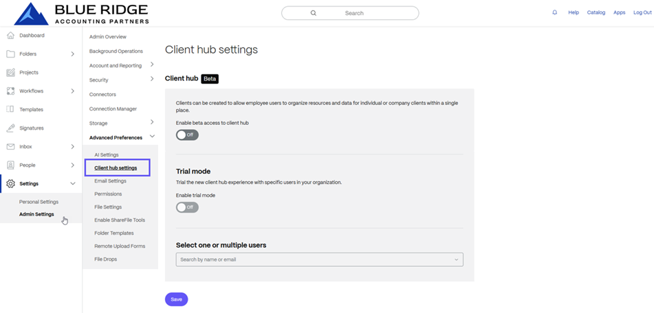 Client Hub Settings