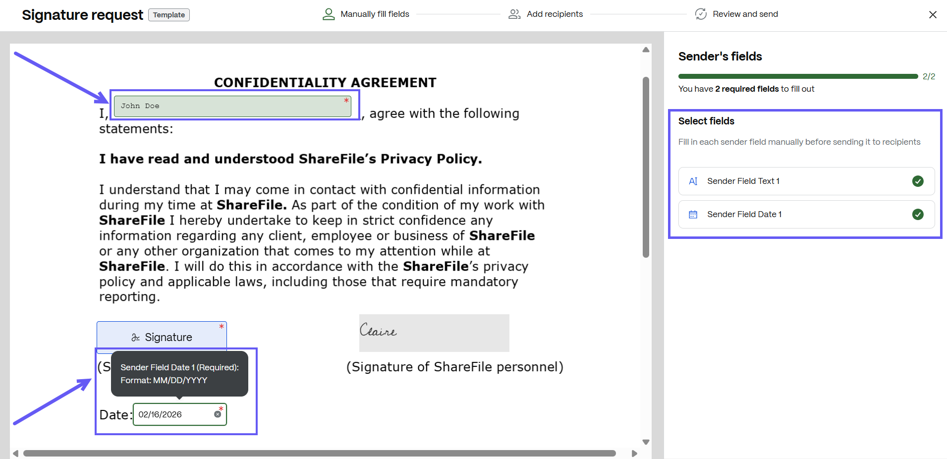 SF sender filled fields