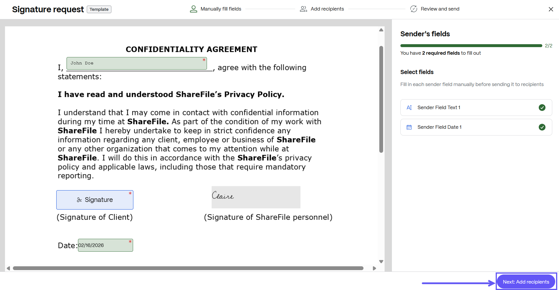 SF sender filled fields