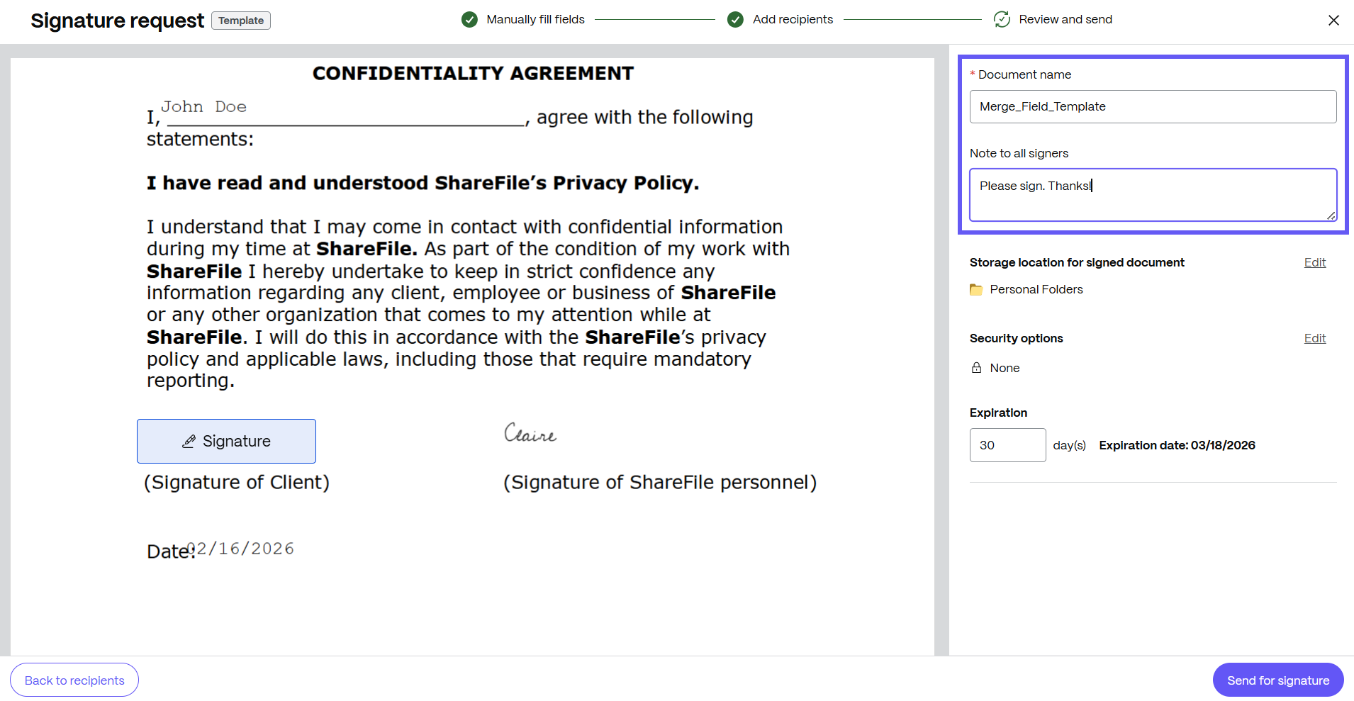 SF sender filled fields