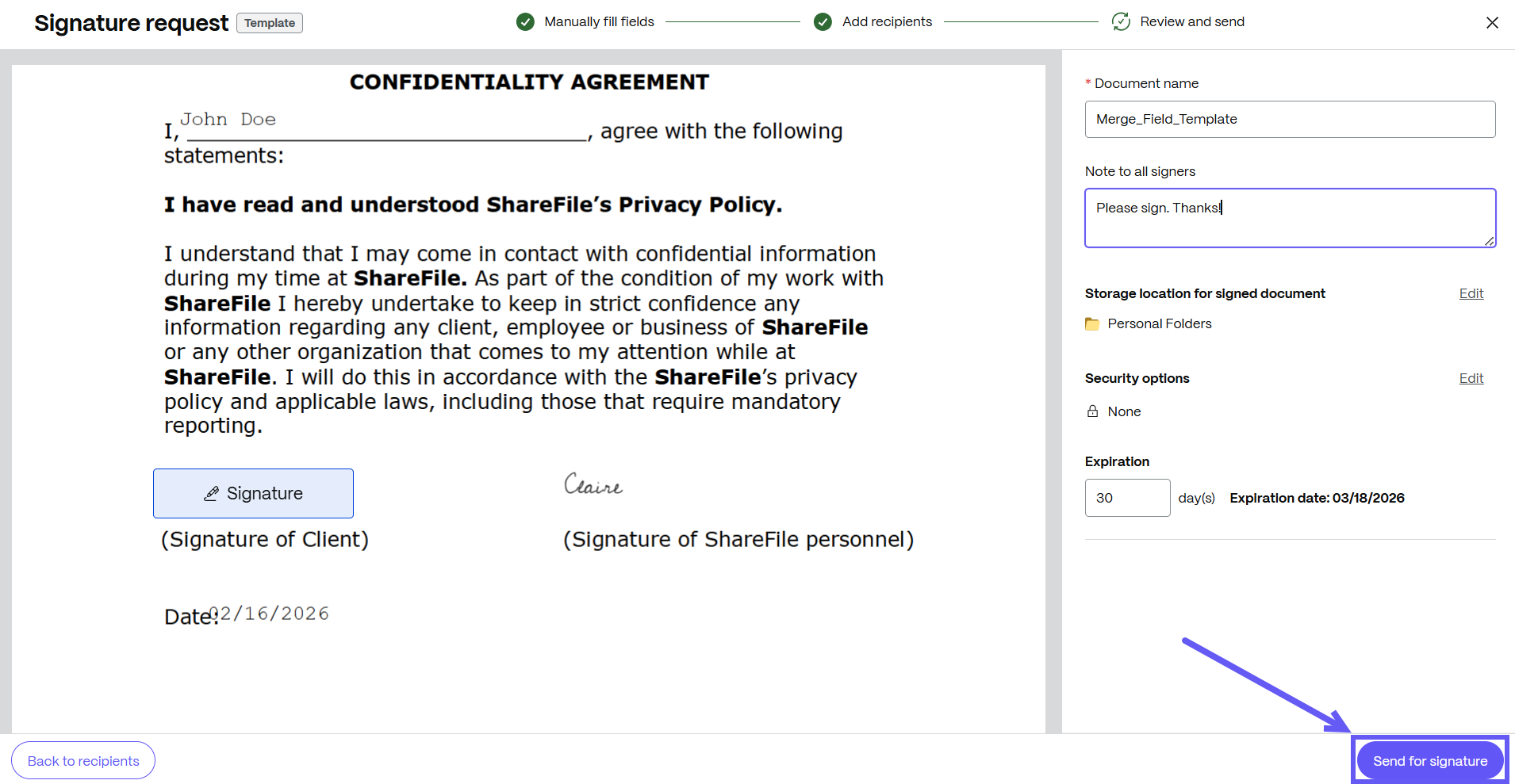 SF sender filled fields