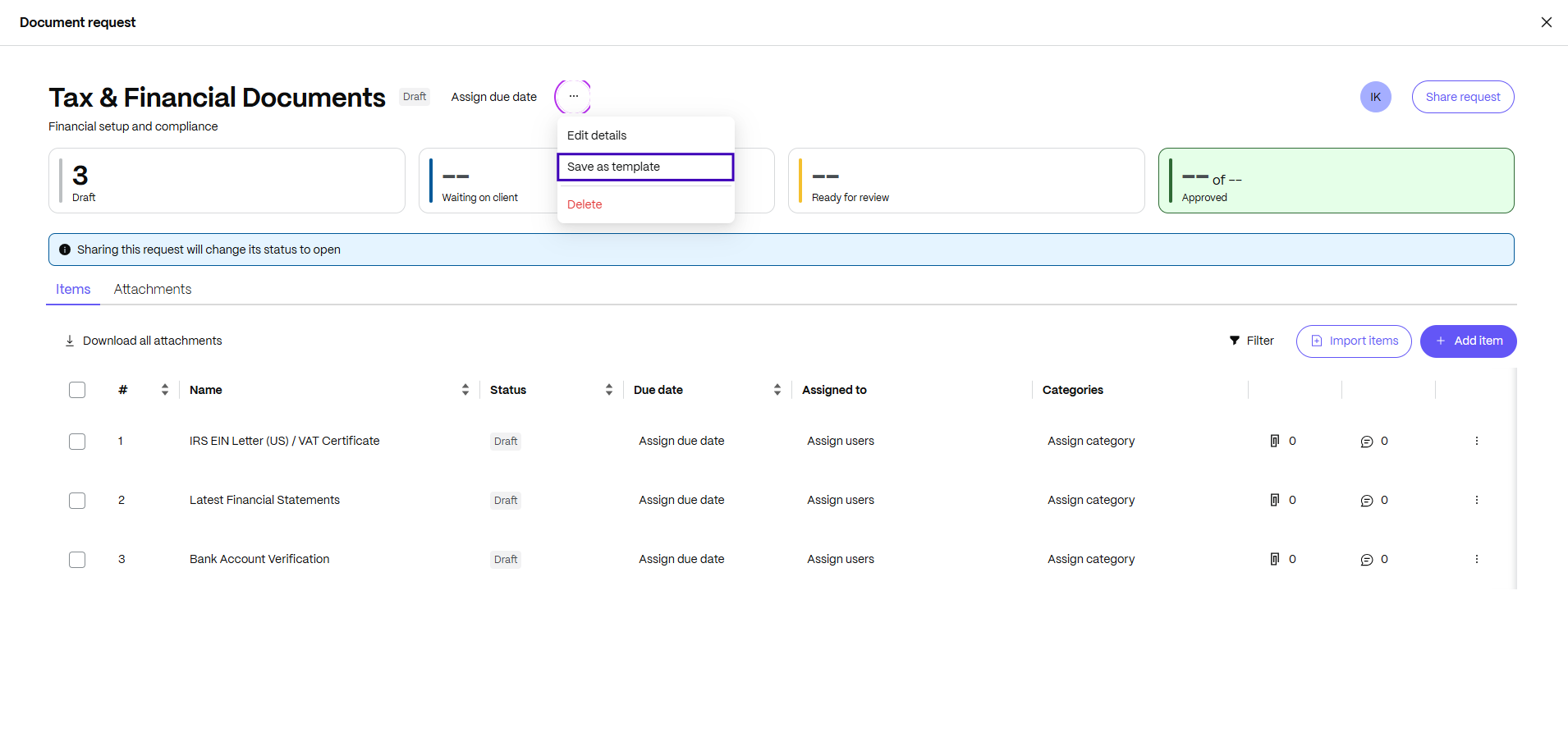 Save existing document request as template