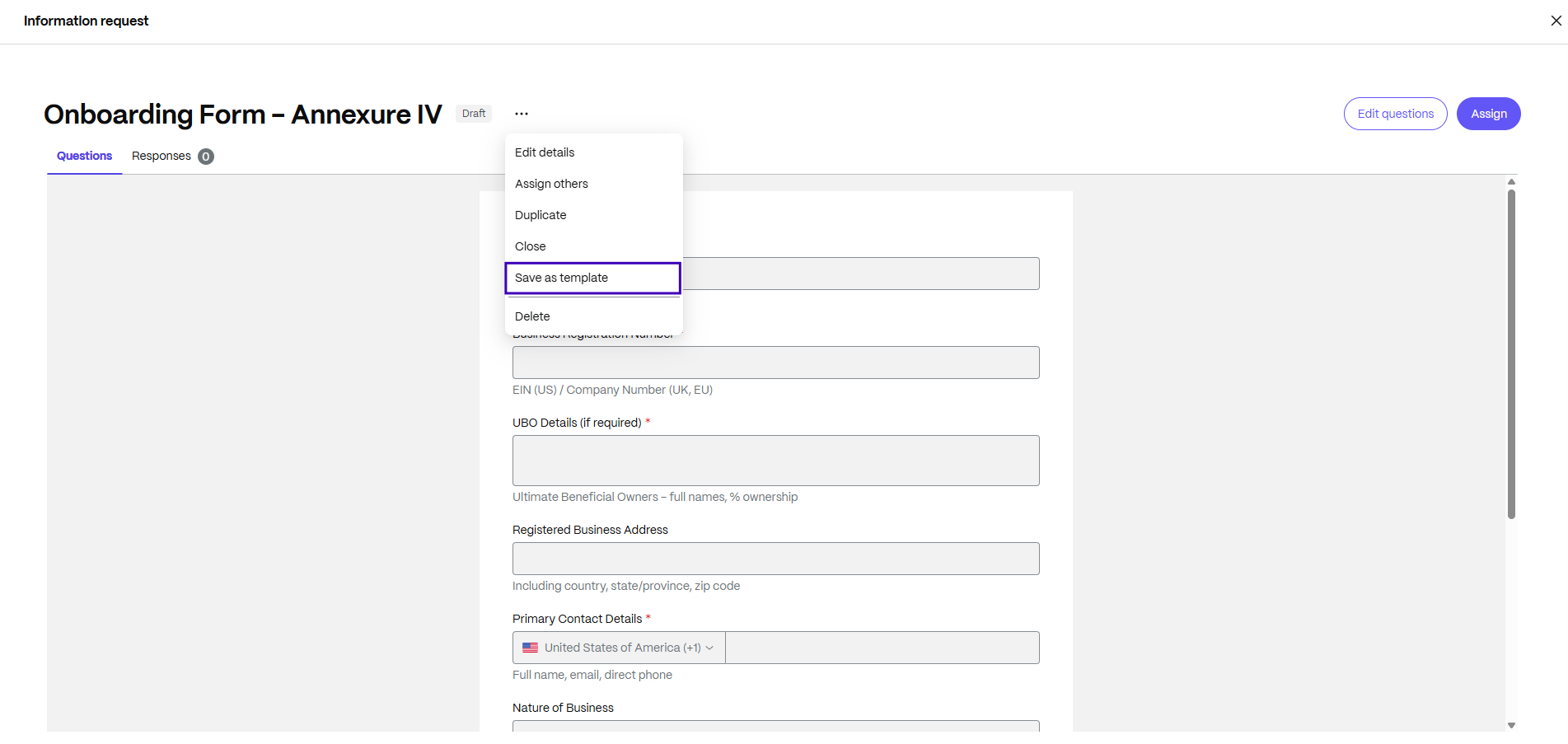 Save existing information request as template