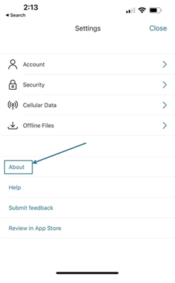 Archivo de registro en la pantalla de ayuda de ShareFile para iOS