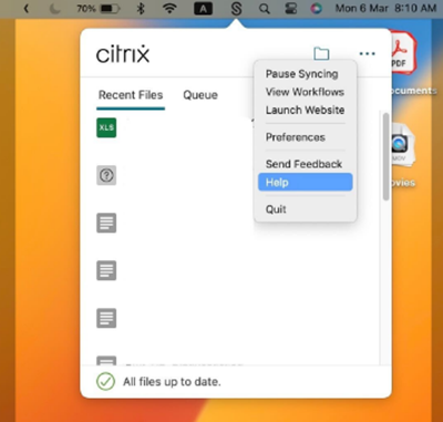 Protokolldatei im Hilfebildschirm von ShareFile für Mac