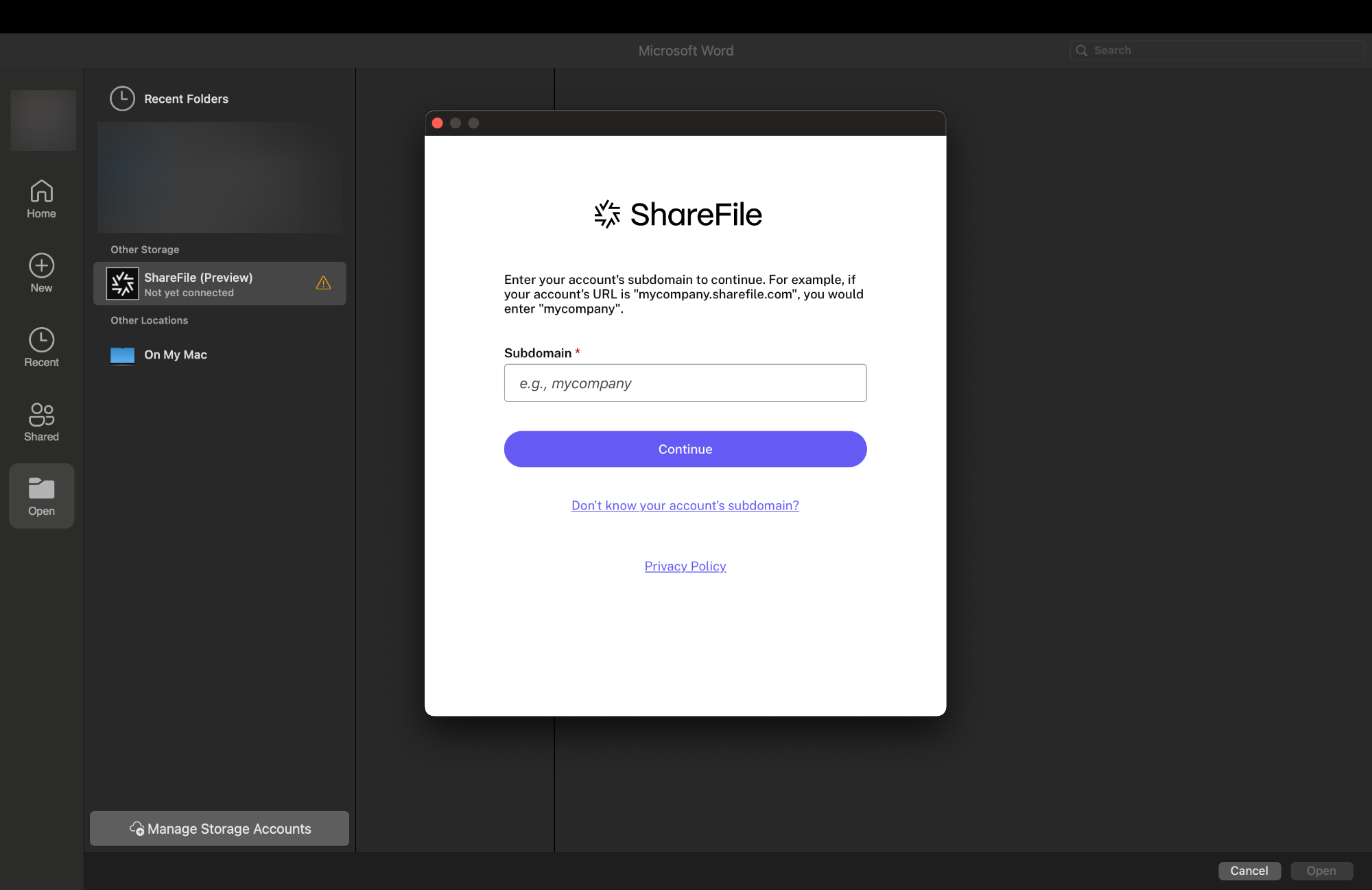 ShareFile for Mac url screen 4