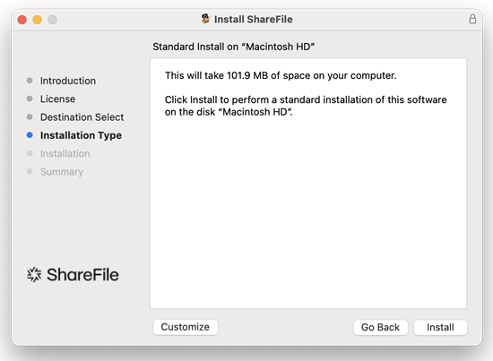 ShareFile für Mac-URL-Bildschirm