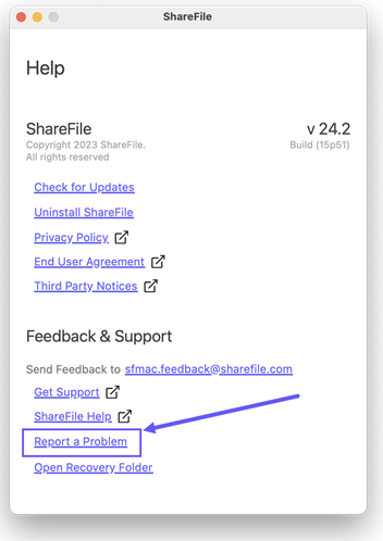 Protokolldatei im Hilfebildschirm von ShareFile für Mac