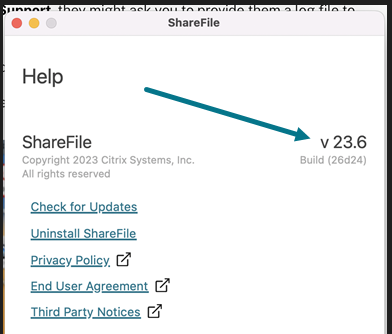 Archivo de registro en la pantalla de ayuda de ShareFile para Mac