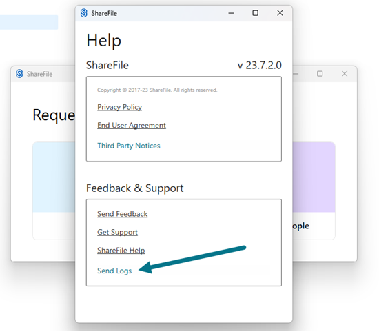 Archivo de registro en la pantalla ShareFile para Windows