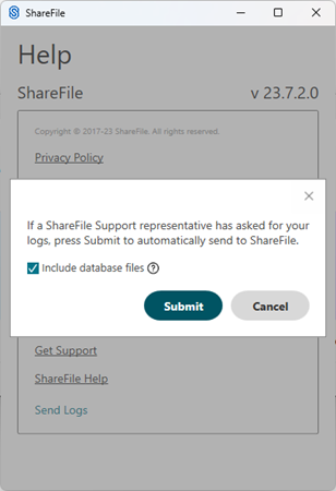 Archivo de registro en la pantalla ShareFile para Windows